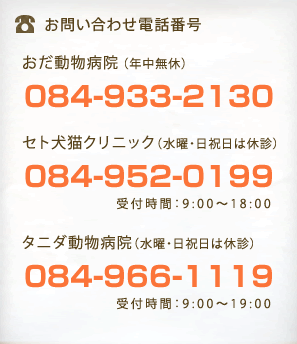 お問い合わせ電話番号/おだ動物病院(年中無休):084-933-2130,セト犬猫クリニック(水曜・日祝日は休診):084-952-0199,受付時間:9時～18時,タニダ動物病院(水曜・日祝日は休診):084-966-1119,受付時間:9時～16時